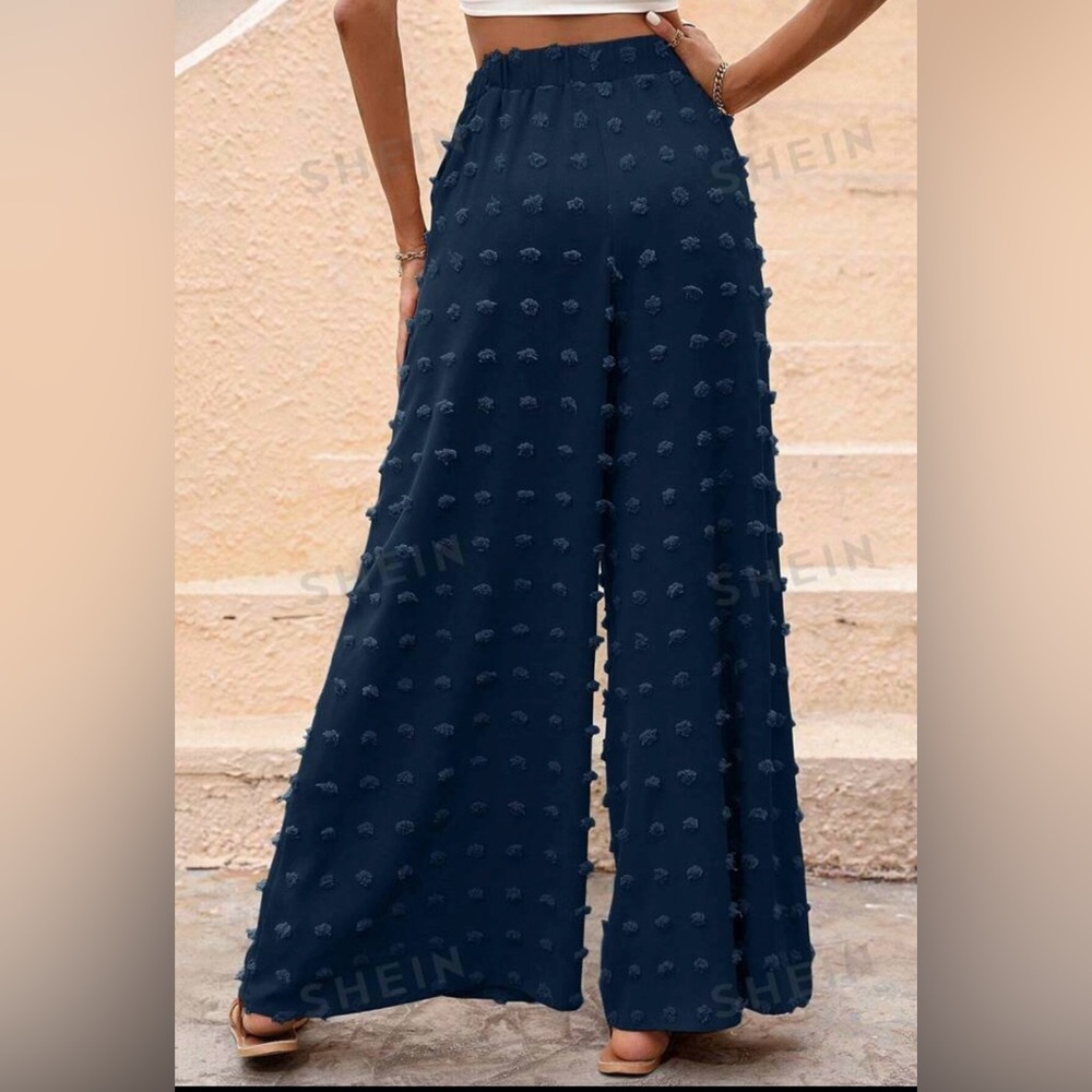 Wide leg flowy boho midnight blue with polka dot appliqué.